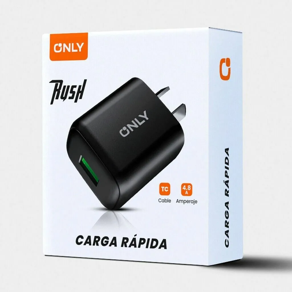 CARGADOR 220V MODO-018 4.8A - RUSH - 1USB + CABLE V8 - ONLY - NEGRO